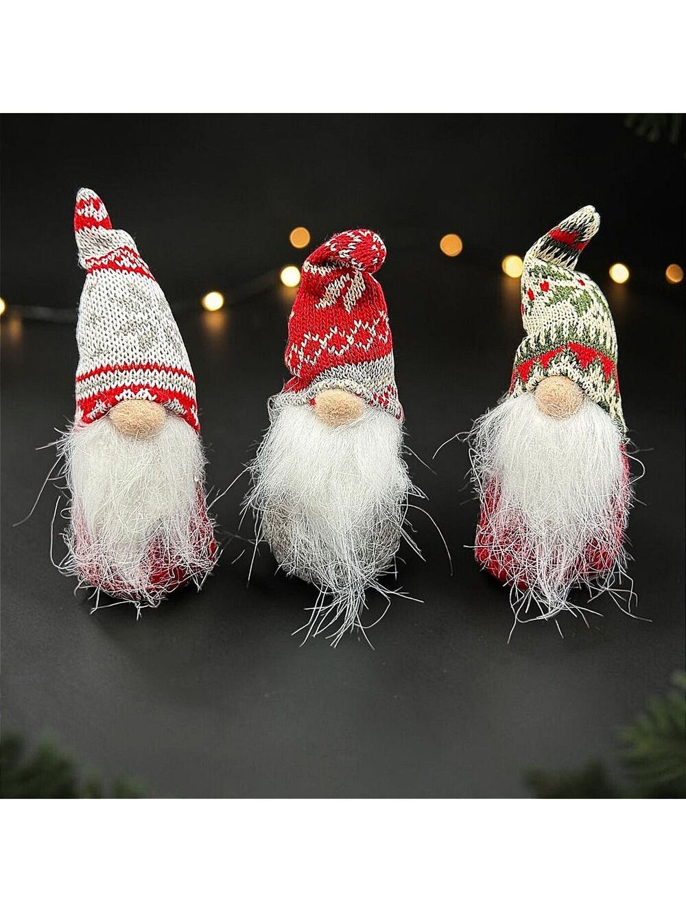 Set of 3 Nordic Style Christmas Gnome Decorations with Knitted Hats - 6"Tall